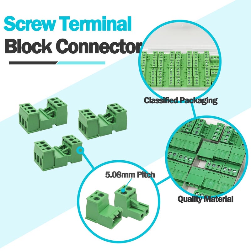 Tugermoola 20 Sets 3Pin Screw Terminal Block Connector Assortment Kit 5.08mm Pitch PCB 3Pin Connectors for 24-12AWG Cable OLA007-3PIN - Image 3